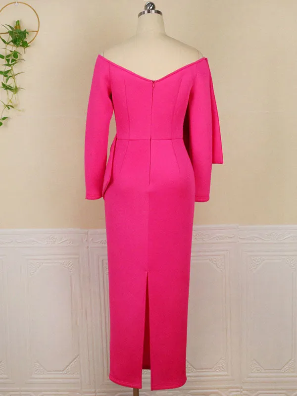 Momnfancy Pink Bow Baby Shower Off Shoulder V-neck Long Sleeve Bodycon Cute Maternity Midi Dress