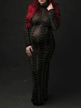 Momnfancy Rhinestone Bodycon Mesh Long Sleeve Evening Club Formal Photoshoot Maternity Maxi Dress