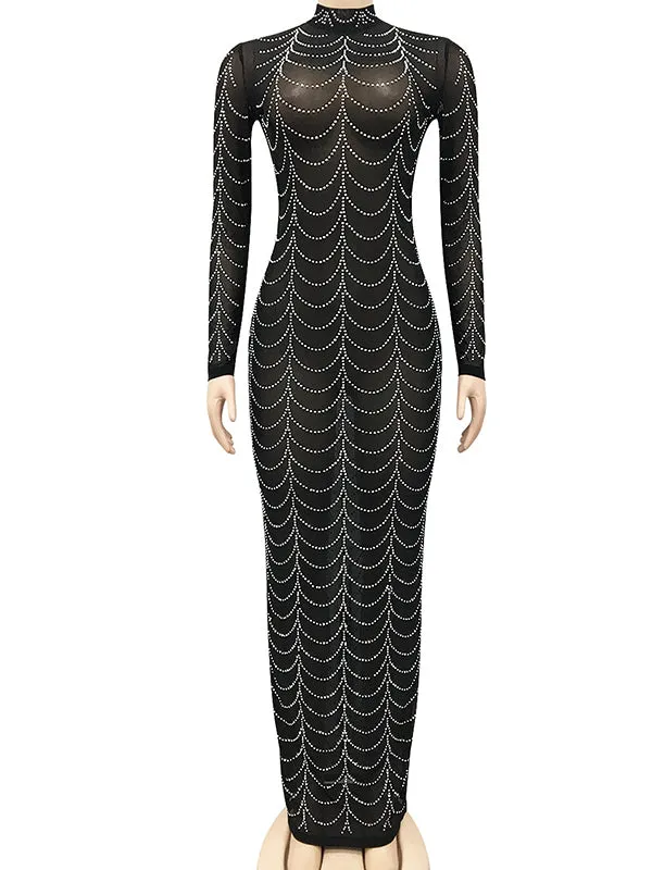 Momnfancy Rhinestone Bodycon Mesh Long Sleeve Evening Club Formal Photoshoot Maternity Maxi Dress