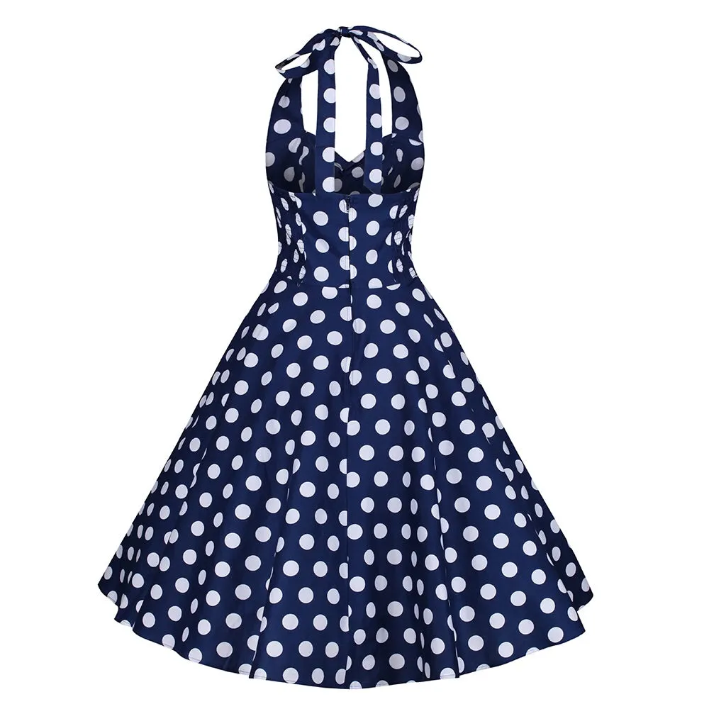 Navy Blue and White Vintage 1950s Polka Dot Swing Dress