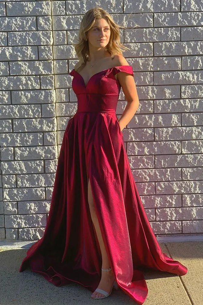 Off Shoulder Simple Long Prom Dress with Slit,Popular Evening Dress,Fashion Winter Formal Dress,BP142