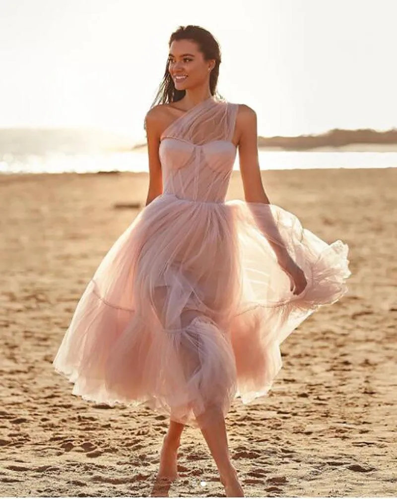 One Shoulder A-Line Tea Length Prom Dress