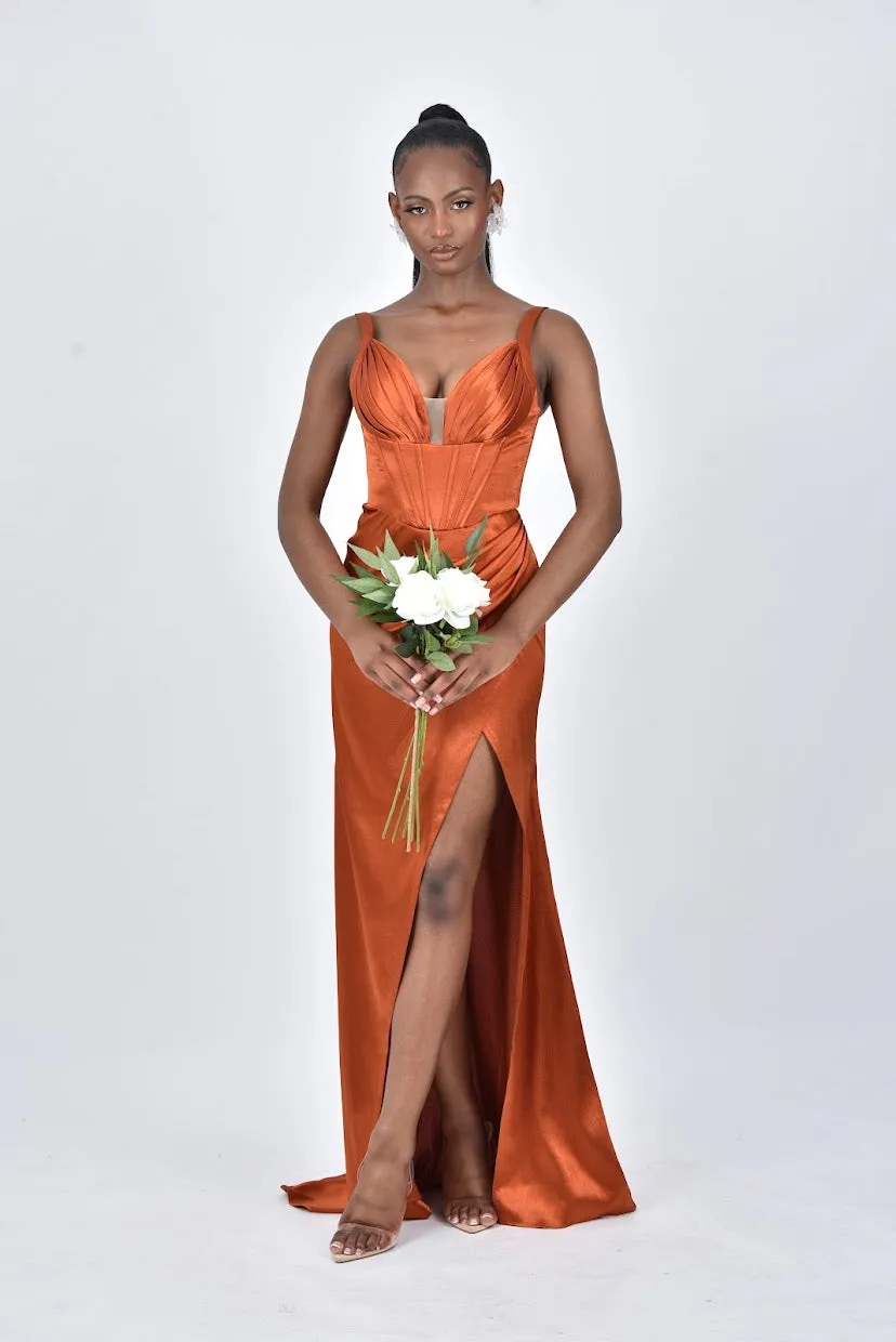 PAOLA Satin Corset Ruched Pleated Bridesmaids Maxi Dress with Side Split - Rust/Burnt Orange