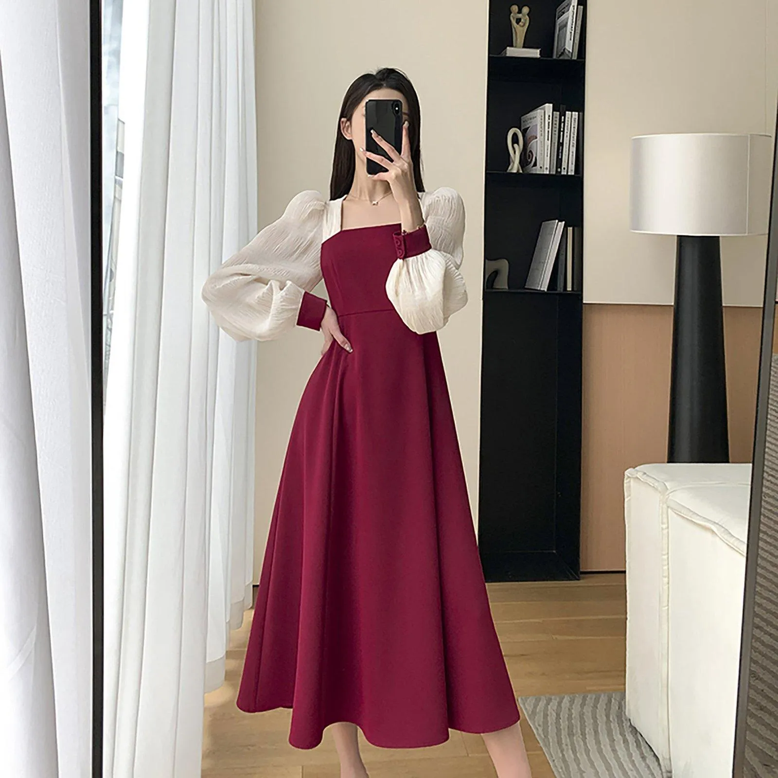 Patchwork Chiffon Sleeve Fit & Flare Red Dress