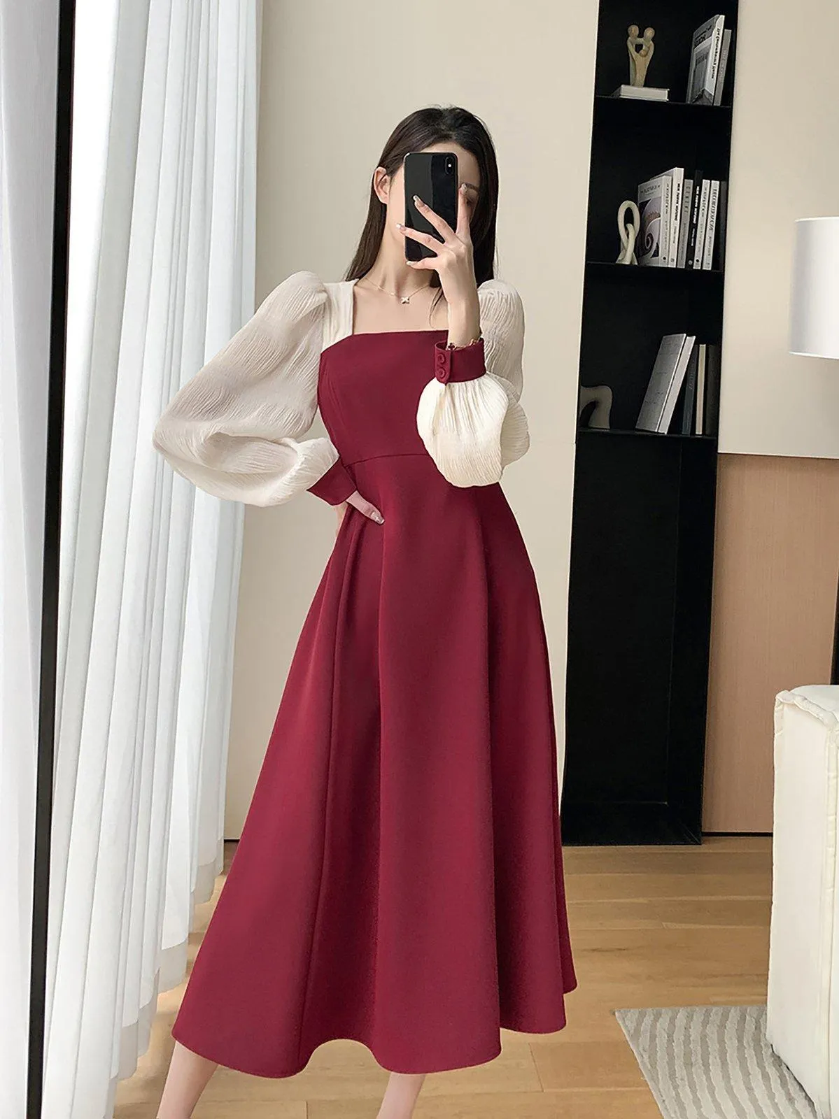 Patchwork Chiffon Sleeve Fit & Flare Red Dress