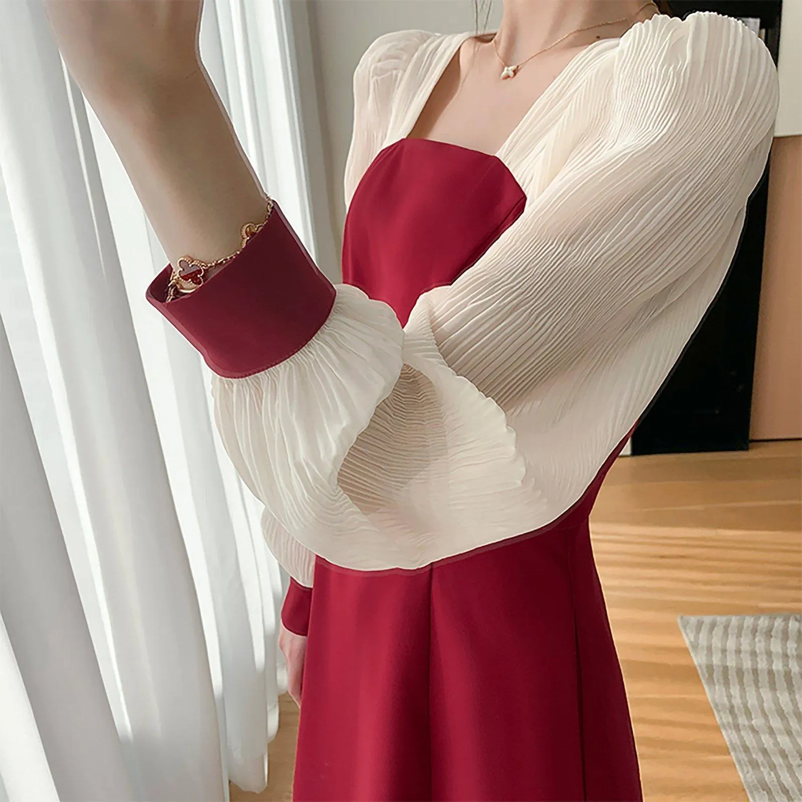 Patchwork Chiffon Sleeve Fit & Flare Red Dress