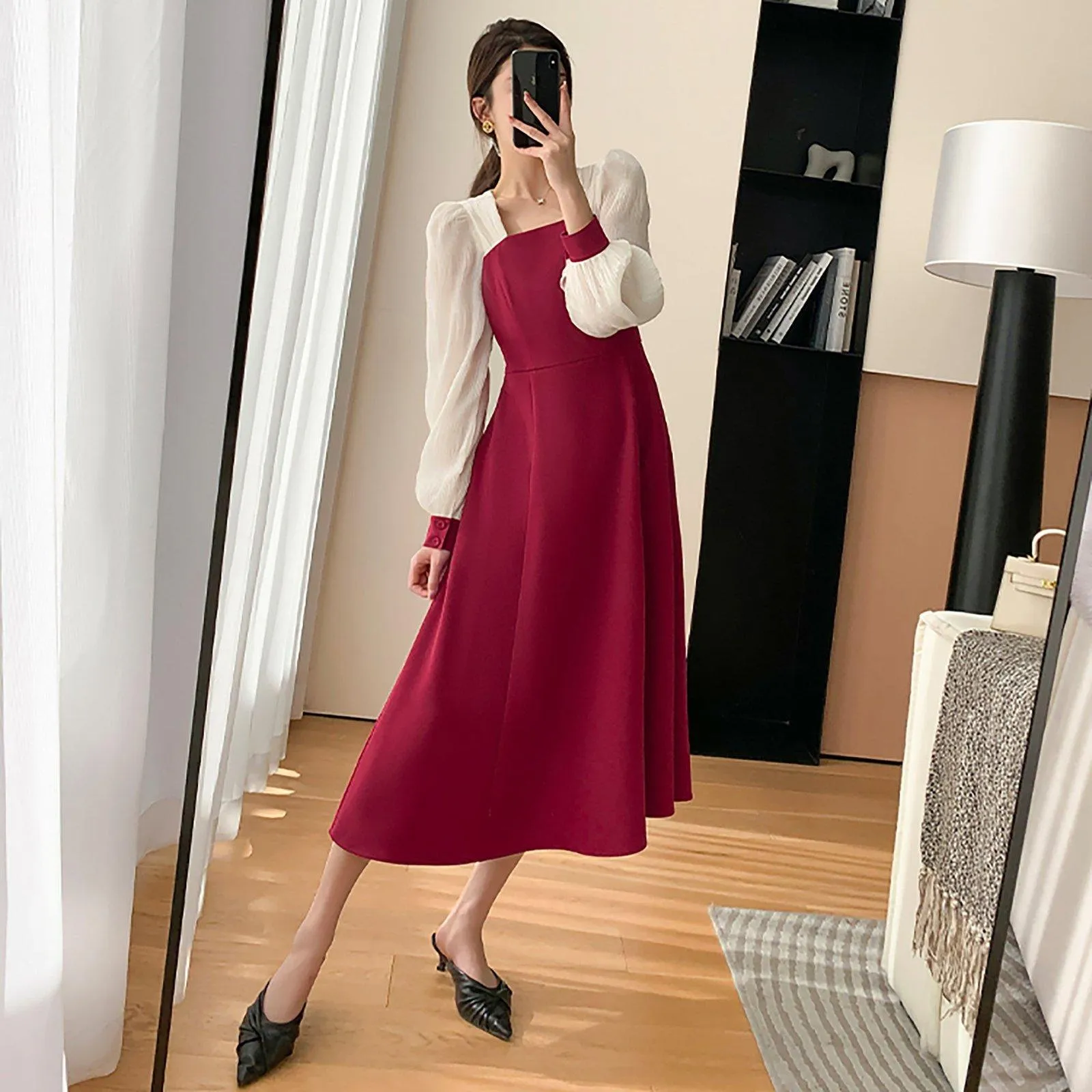 Patchwork Chiffon Sleeve Fit & Flare Red Dress