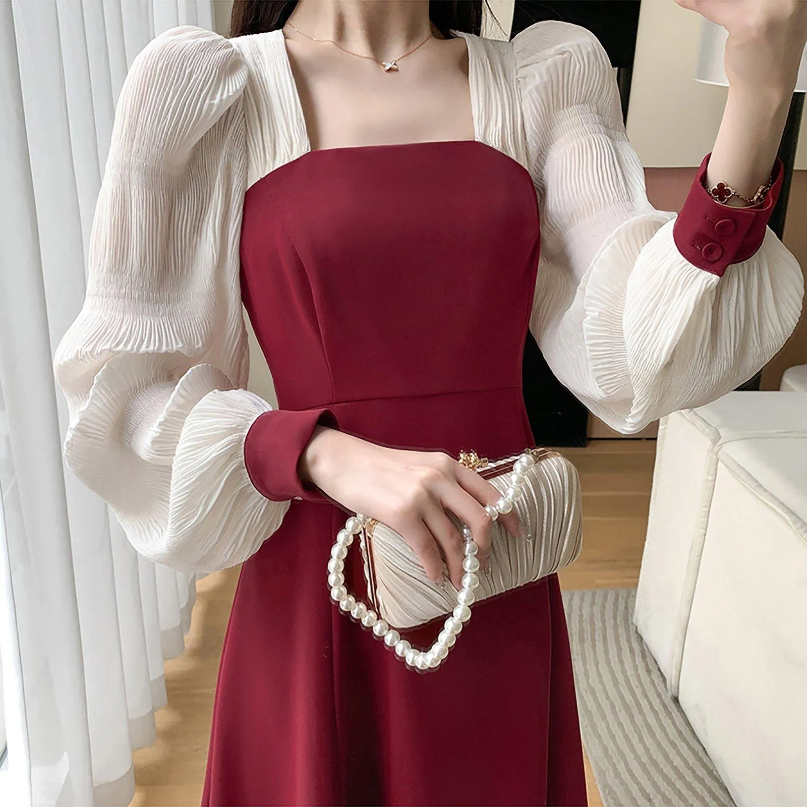 Patchwork Chiffon Sleeve Fit & Flare Red Dress