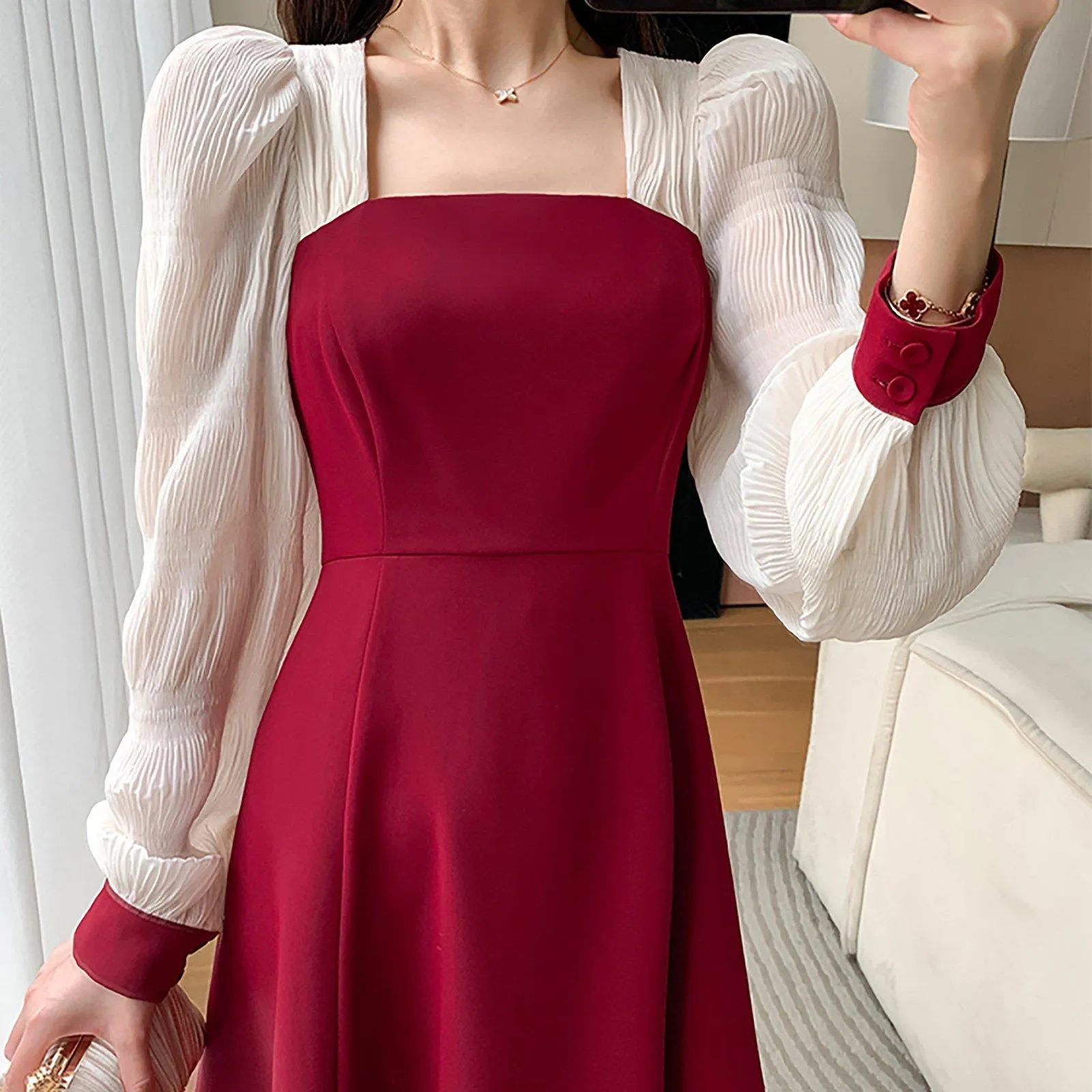 Patchwork Chiffon Sleeve Fit & Flare Red Dress