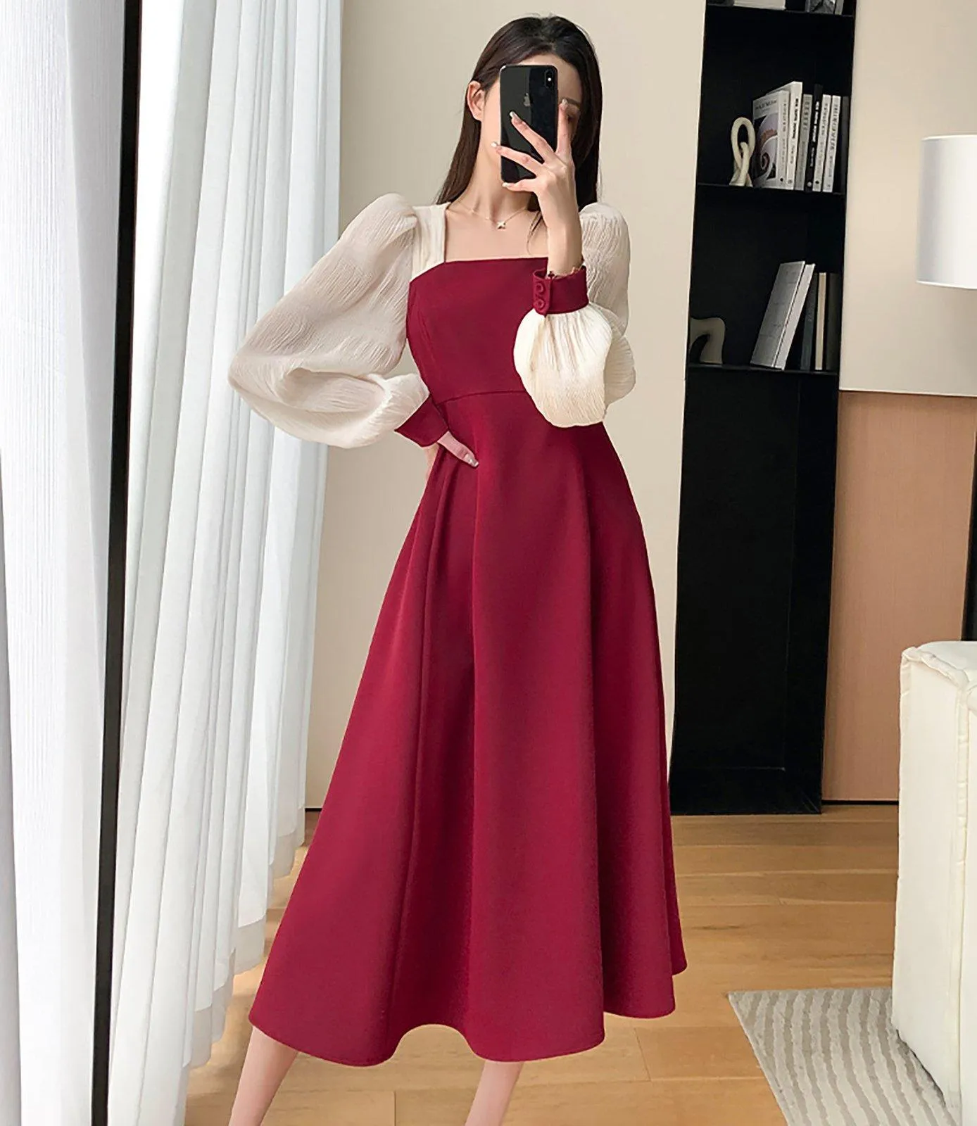 Patchwork Chiffon Sleeve Fit & Flare Red Dress