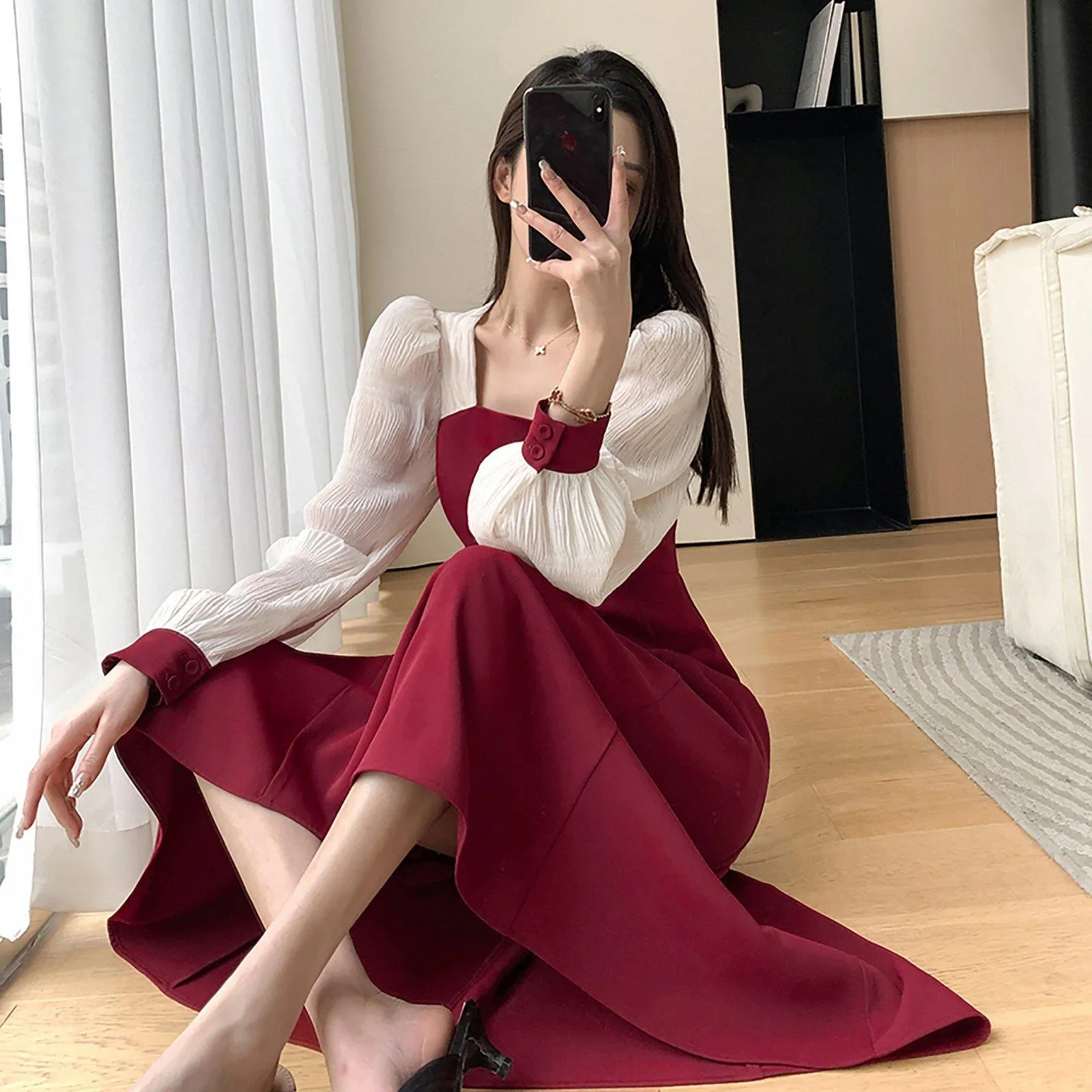 Patchwork Chiffon Sleeve Fit & Flare Red Dress