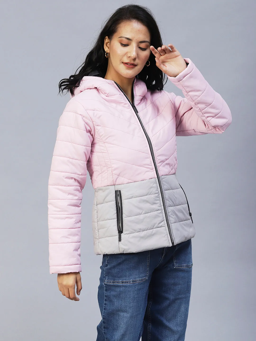 Pink Double Shade Peplum Cut Puffer Jacket