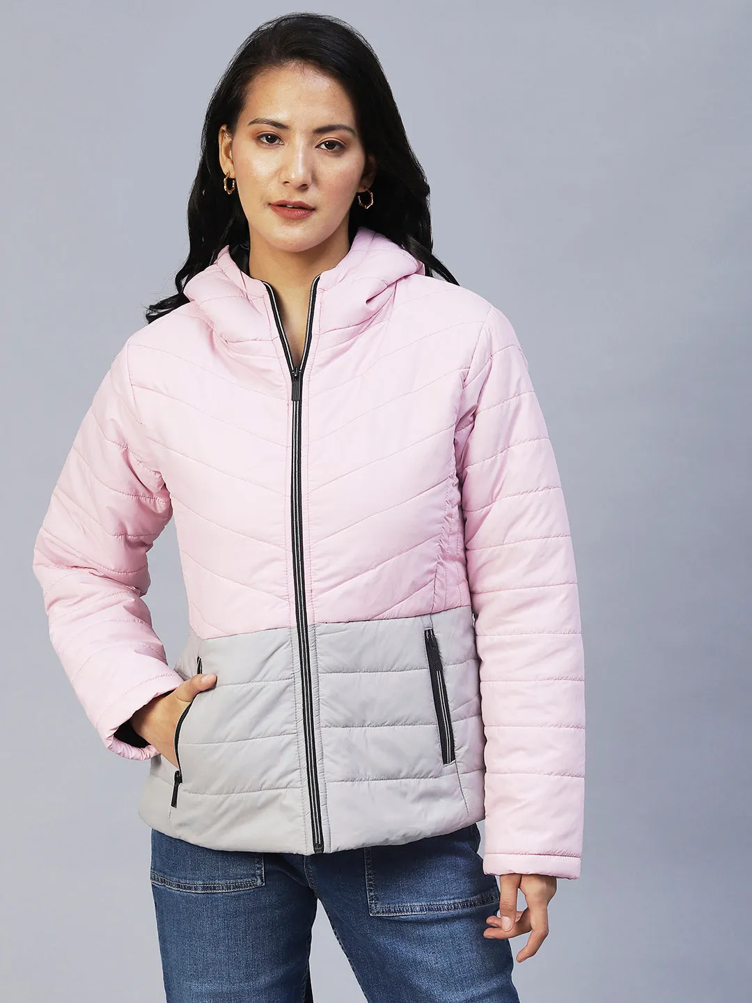 Pink Double Shade Peplum Cut Puffer Jacket