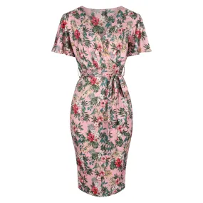 Pink Floral Print Waterfall Sleeve Crossover Pencil Dress