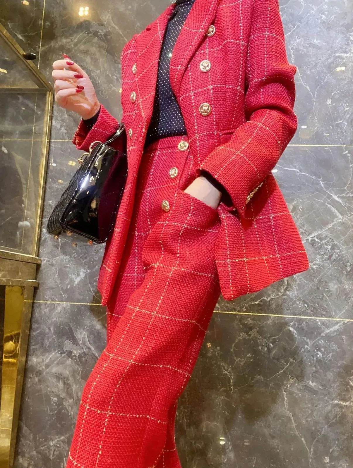 Plaid Double-Breasted Blazer Pants Suit