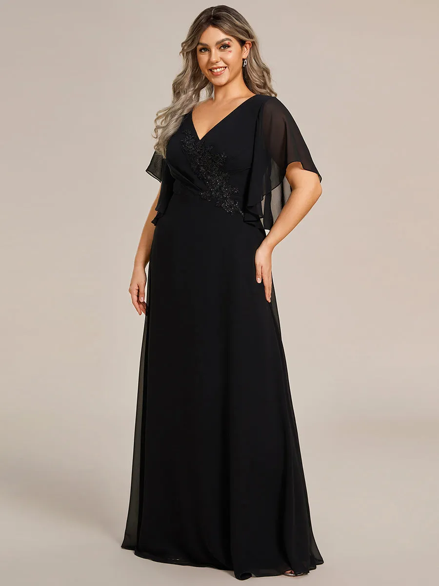 Plus Maxi Long Chiffon Floral Embroidery Wholesale Evening Dresses With Short Sleeves