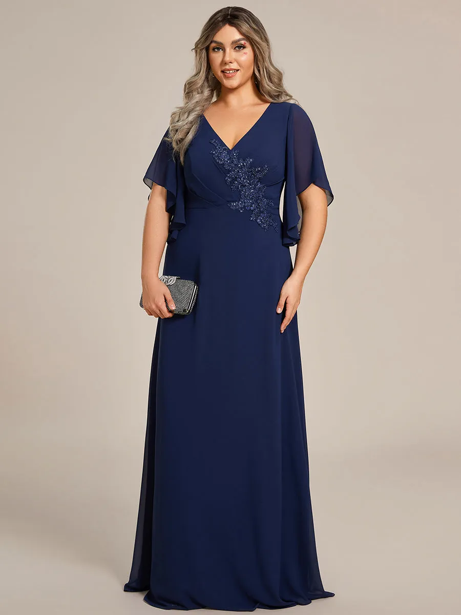 Plus Maxi Long Chiffon Floral Embroidery Wholesale Evening Dresses With Short Sleeves