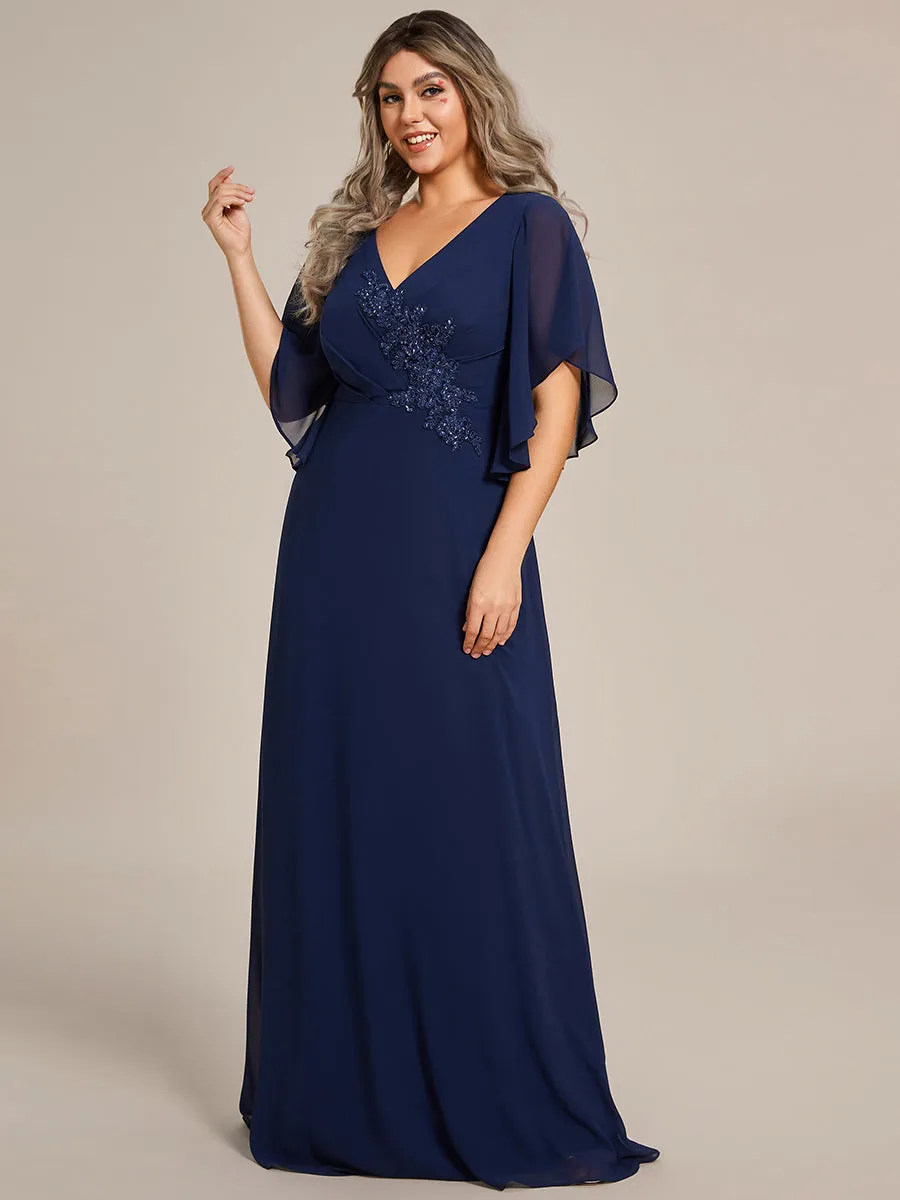 Plus Maxi Long Chiffon Floral Embroidery Wholesale Evening Dresses With Short Sleeves