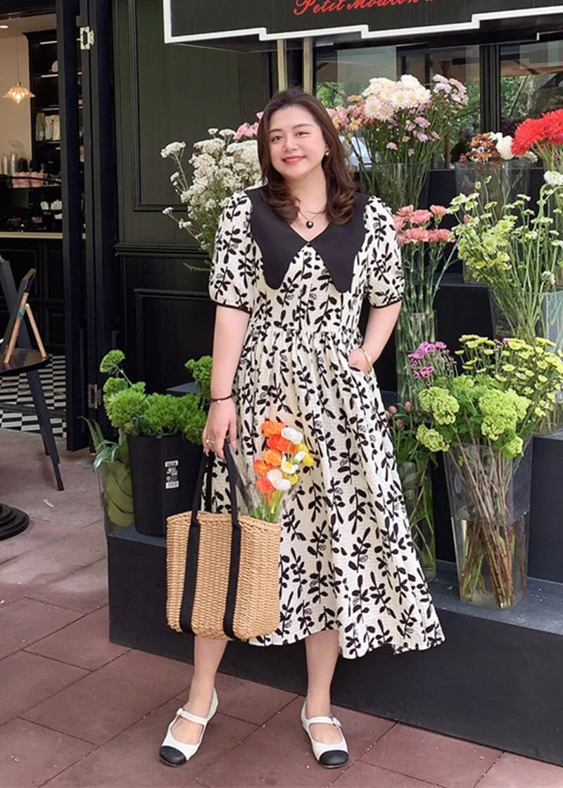 Plus Size Wide Lapel Floral Print Midi Flare Dress