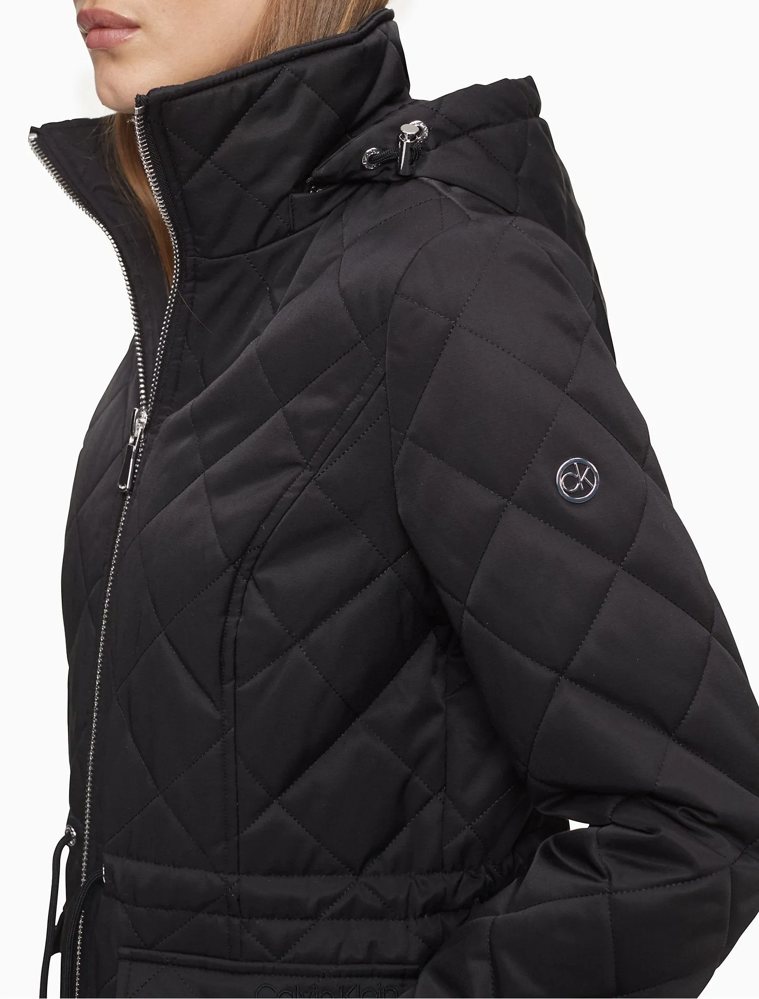 Quilted Cinch Waist Zip Hooded Jacket