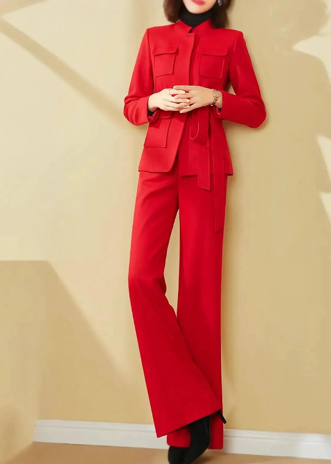 Red Belted Jacket & Wide Leg Pants Suit