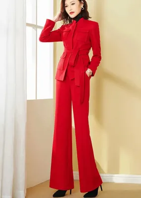 Red Belted Jacket & Wide Leg Pants Suit