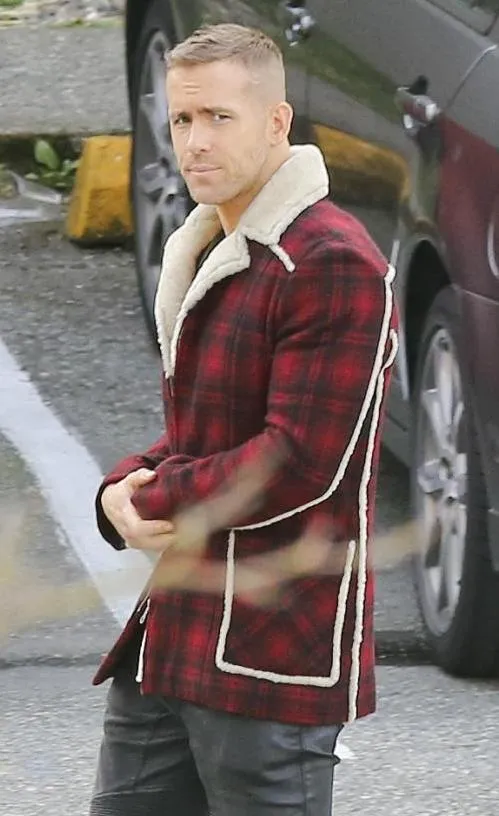 Ryan Reynold's Red and Black  Checkered Jacket with Faux Shearling