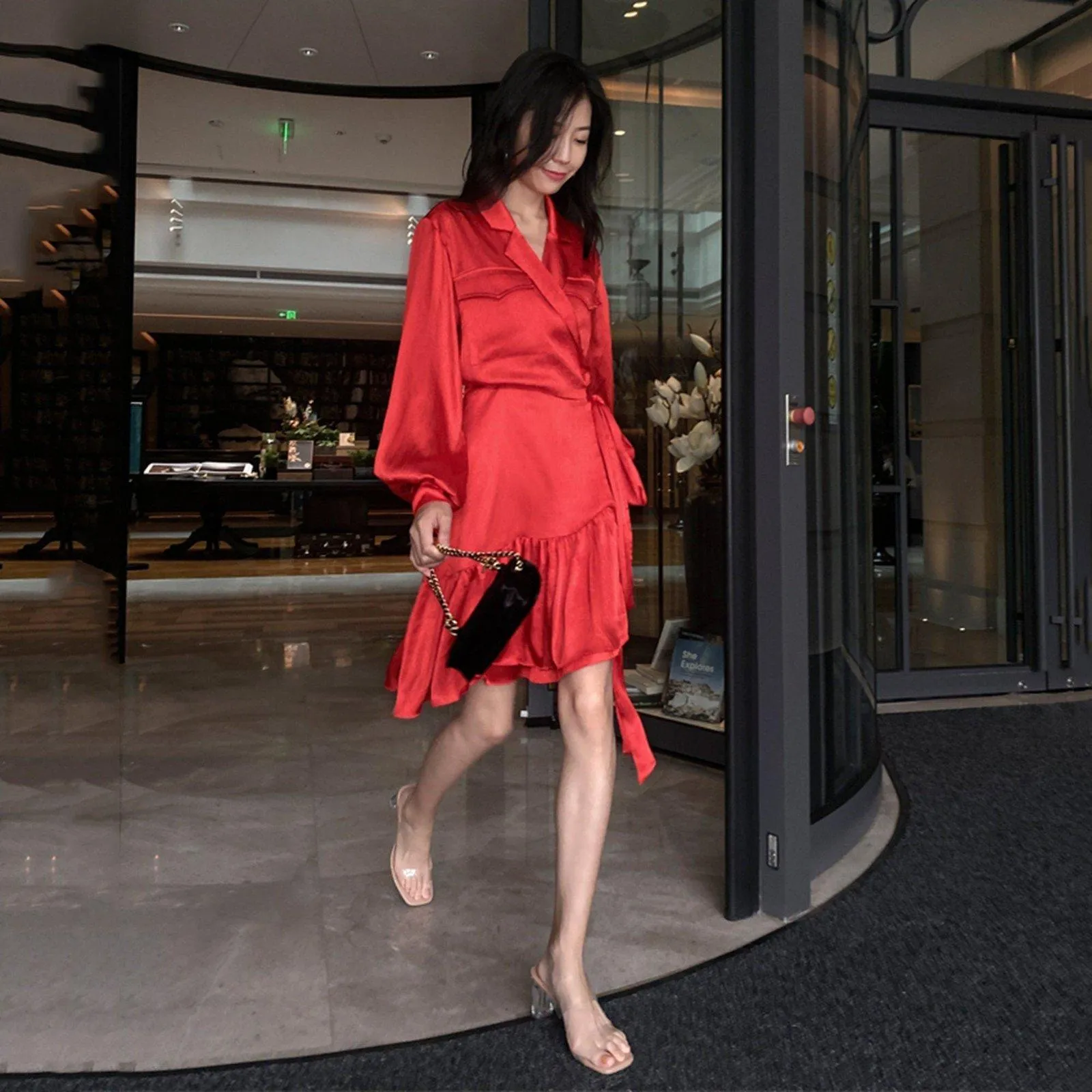 Satin Puff Sleeve High-Low Ruffle Blazer Dress