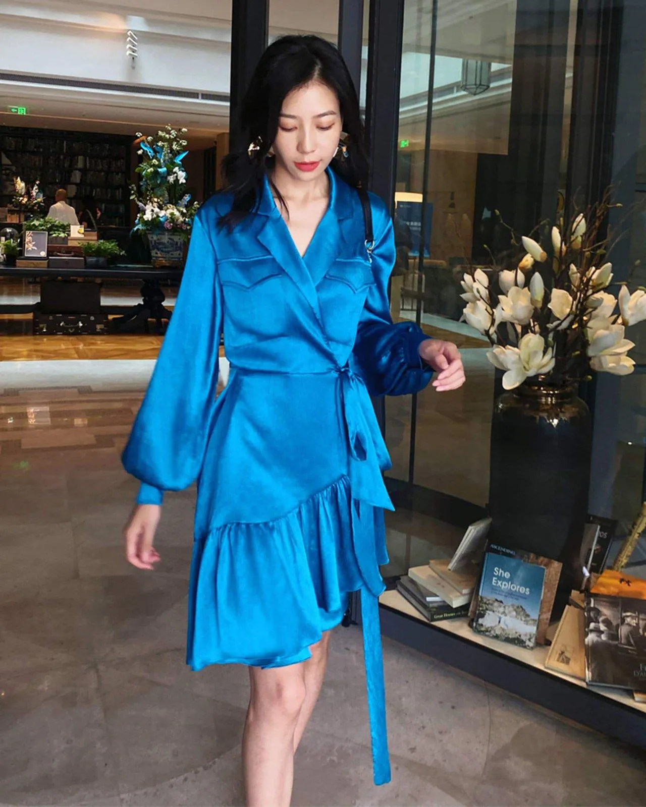 Satin Puff Sleeve High-Low Ruffle Blazer Dress