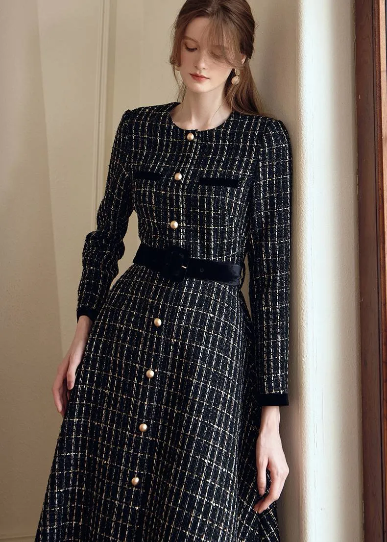 Shirley Black Long Sleeve Plaid Tweed Midi Dress