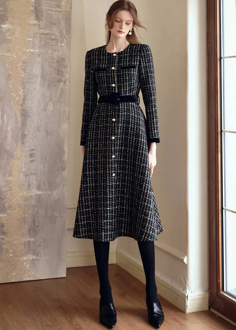 Shirley Black Long Sleeve Plaid Tweed Midi Dress