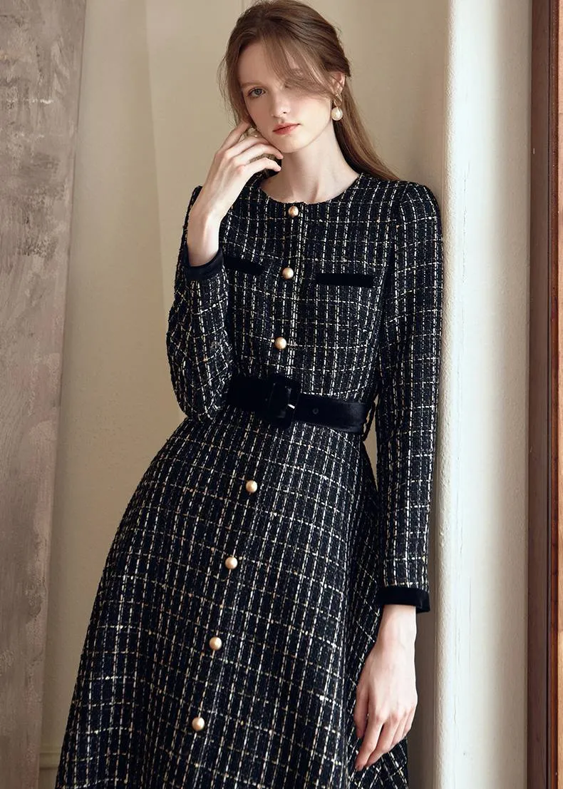 Shirley Black Long Sleeve Plaid Tweed Midi Dress