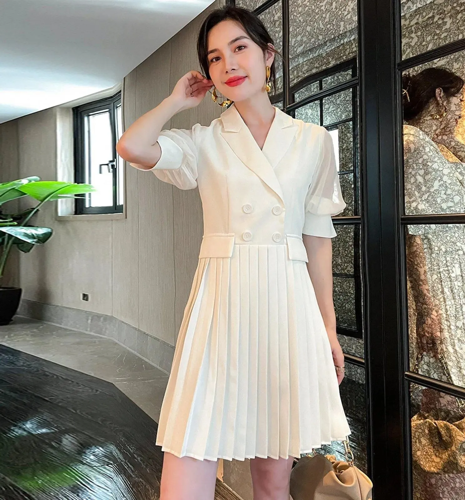 Short Sleeve Double Breasted Pleated Blazer Dress