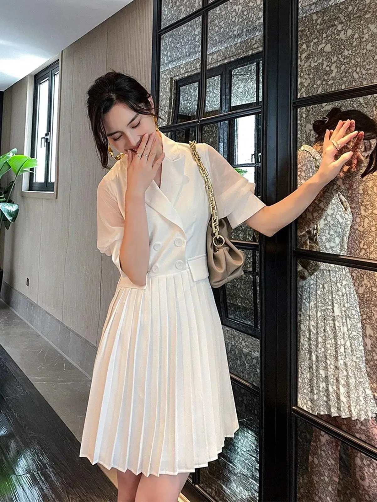 Short Sleeve Double Breasted Pleated Blazer Dress