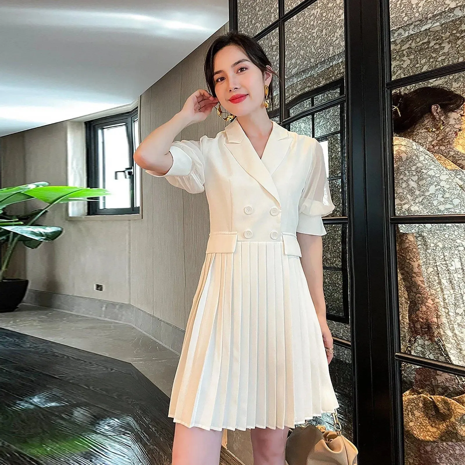 Short Sleeve Double Breasted Pleated Blazer Dress