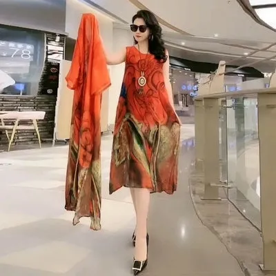 Spring Summer Suit Dresses Female Fashion Loose Oversize 5XL Printed Tops   Dress Womens Short-Sleeved Two-Piece Suit Lady