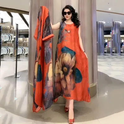 Spring Summer Suit Dresses Female Fashion Loose Oversize 5XL Printed Tops   Dress Womens Short-Sleeved Two-Piece Suit Lady