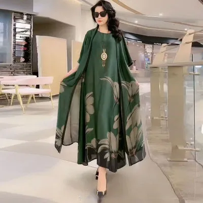 Spring Summer Suit Dresses Female Fashion Loose Oversize 5XL Printed Tops   Dress Womens Short-Sleeved Two-Piece Suit Lady