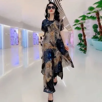 Spring Summer Suit Dresses Female Fashion Loose Oversize 5XL Printed Tops   Dress Womens Short-Sleeved Two-Piece Suit Lady