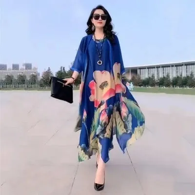 Spring Summer Suit Dresses Female Fashion Loose Oversize 5XL Printed Tops   Dress Womens Short-Sleeved Two-Piece Suit Lady