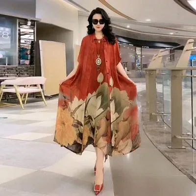 Spring Summer Suit Dresses Female Fashion Loose Oversize 5XL Printed Tops   Dress Womens Short-Sleeved Two-Piece Suit Lady