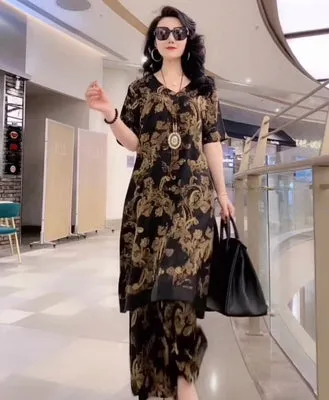 Spring Summer Suit Dresses Female Fashion Loose Oversize 5XL Printed Tops   Dress Womens Short-Sleeved Two-Piece Suit Lady