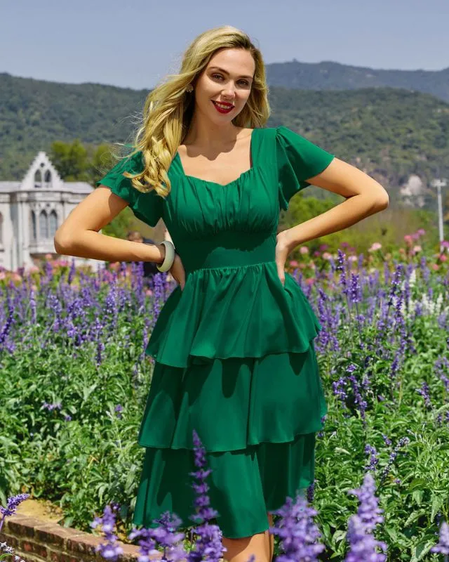 Square Neck Tiered Ruffle Dress 2023 Summer Vintage  A-line Swing Midi Dress