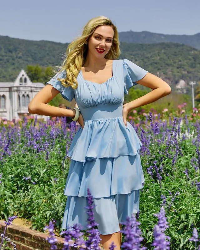 Square Neck Tiered Ruffle Dress 2023 Summer Vintage  A-line Swing Midi Dress