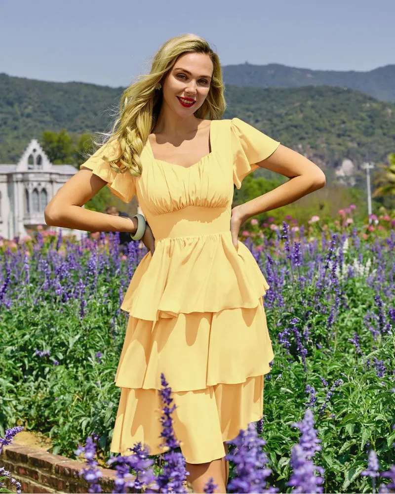 Square Neck Tiered Ruffle Dress 2023 Summer Vintage  A-line Swing Midi Dress