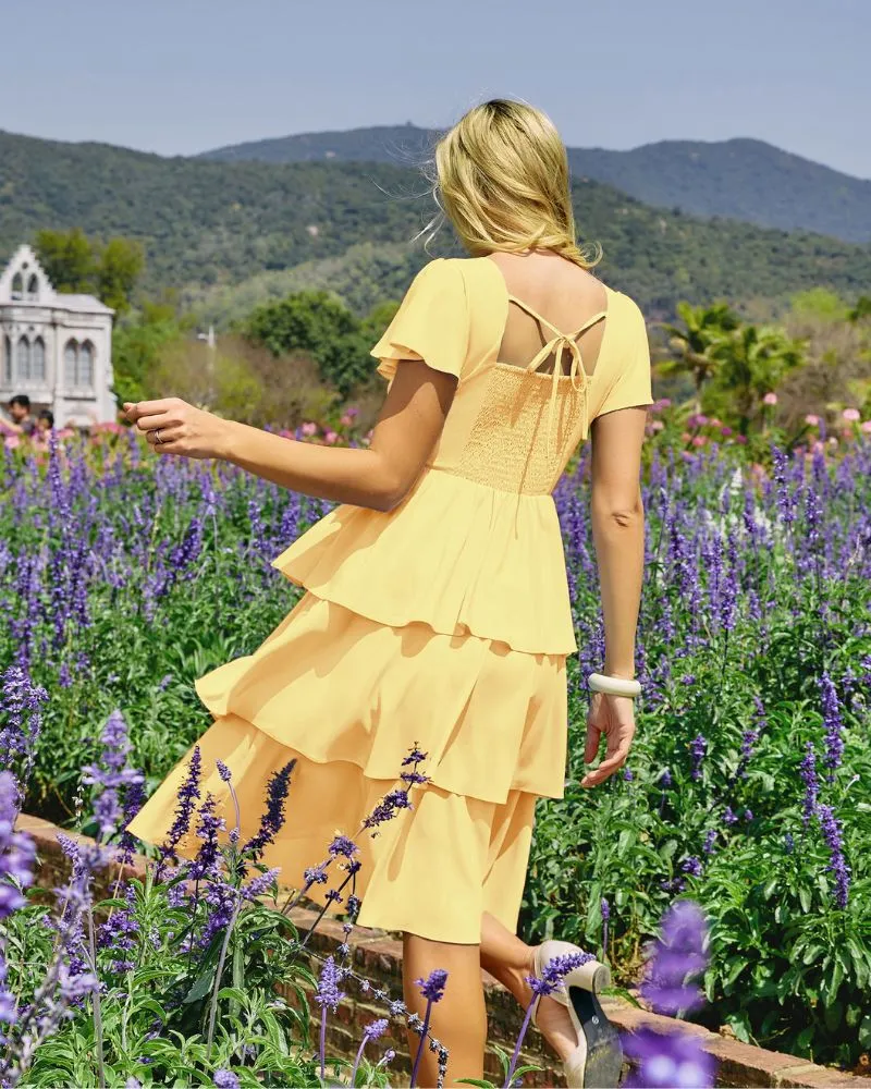 Square Neck Tiered Ruffle Dress 2023 Summer Vintage  A-line Swing Midi Dress