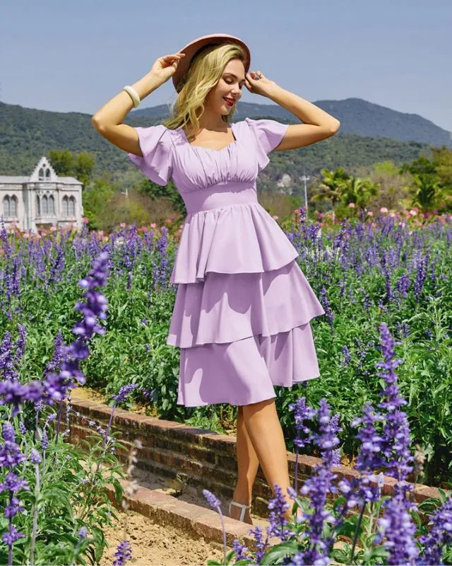 Square Neck Tiered Ruffle Dress 2023 Summer Vintage  A-line Swing Midi Dress