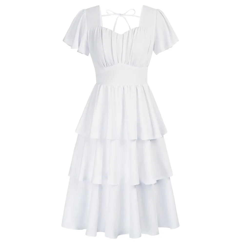 Square Neck Tiered Ruffle Dress 2023 Summer Vintage  A-line Swing Midi Dress