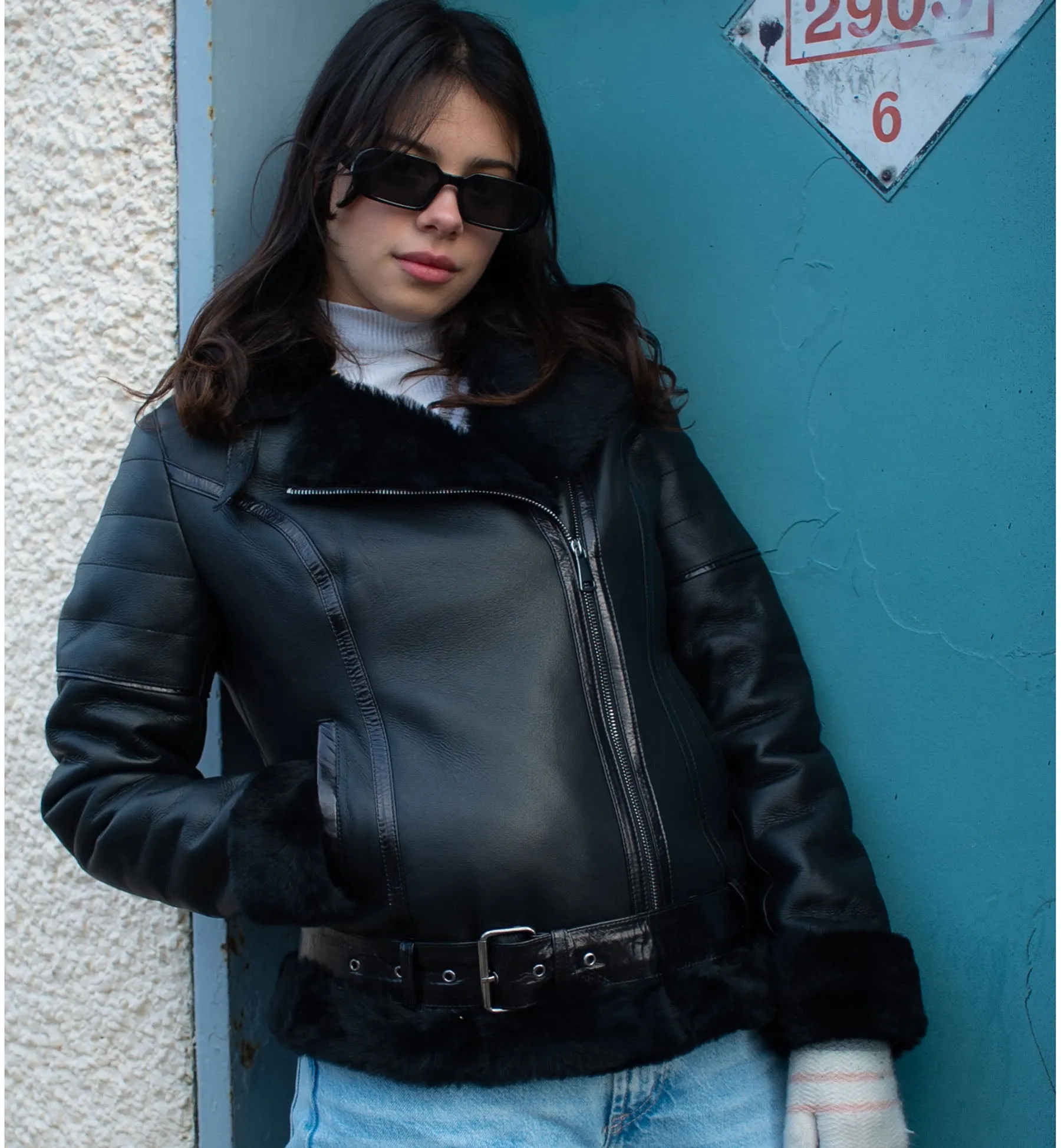 Tasha’s Black Sheepskin Shearling B-3 Bomber Style Jacket