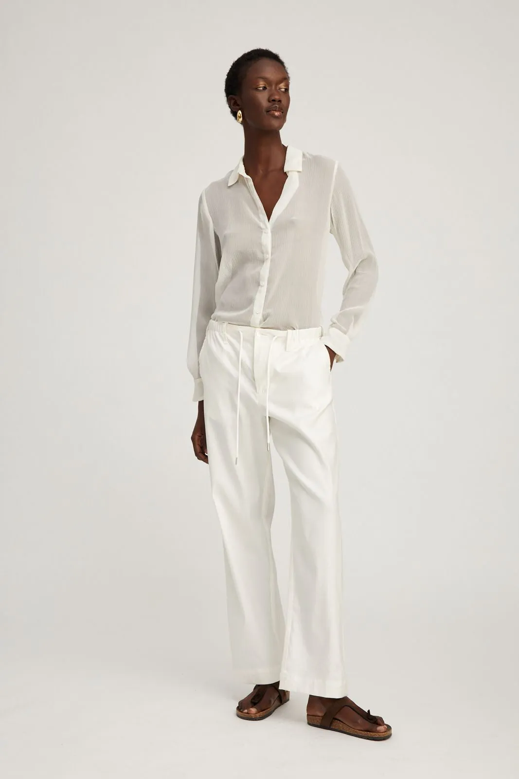 White Crinkle Chiffon Fitted Button Down